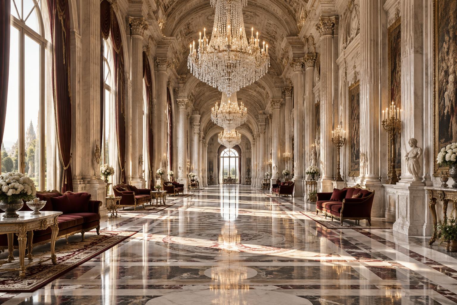 A grand marble salon with crystal chandeliers and burgundy furnishings